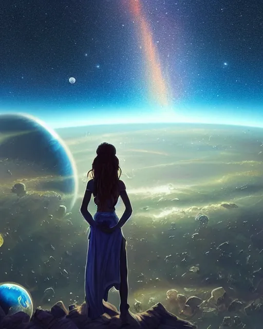 Image similar to zendaya standing infront of a huge window looking at earth on a space station in orbit around earth, lit village in the distance, stars milky way sky, deep focus, D&D, fantasy, intricate, elegant, highly detailed, digital painting, artstation, concept art, matte, sharp focus, illustration, hearthstone, art by Artgerm and Greg Rutkowski and Alphonse Mucha