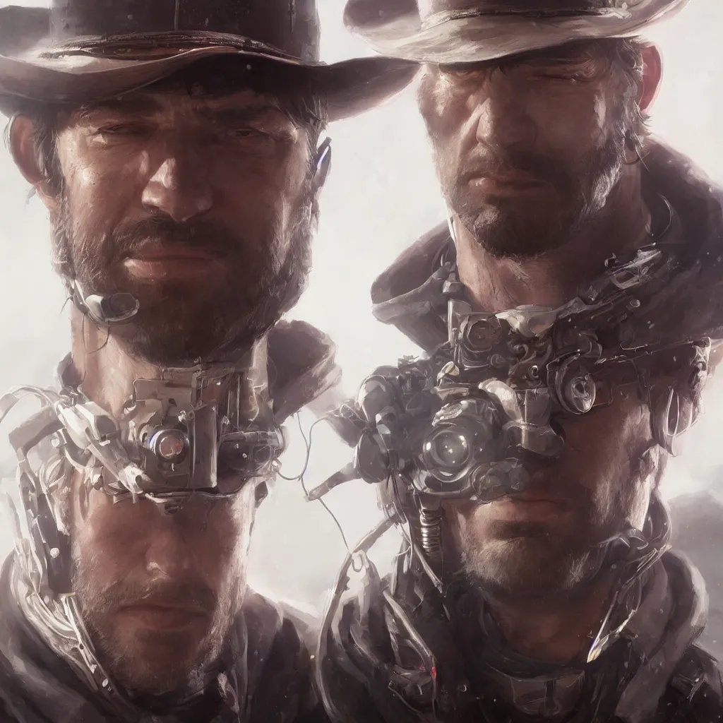 Image similar to a single close-up portrait of Arthur Morgan from Red Dead Redemption as a cyborg, hyper-realistic cyberpunk style, Peter Mohrbacher Takayuki Takeya moody, face by Yanjun Cheng, Irakli Nadar, dramatic cinematic lighting, trending on artstation, deviantart google images, pinterest