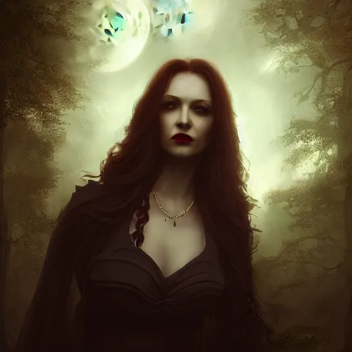 Image similar to Riveting Charismatic female vampire Pandora, portrait, atmospheric lighting, painted, intricate, Highgate cemetery, volumetric lighting, beautiful, moon light, sharp focus, ultra detailed, by Leesha Hannigan, Ross Tran, Thierry Doizon, Kai Carpenter, Ignacio Fernández Ríos