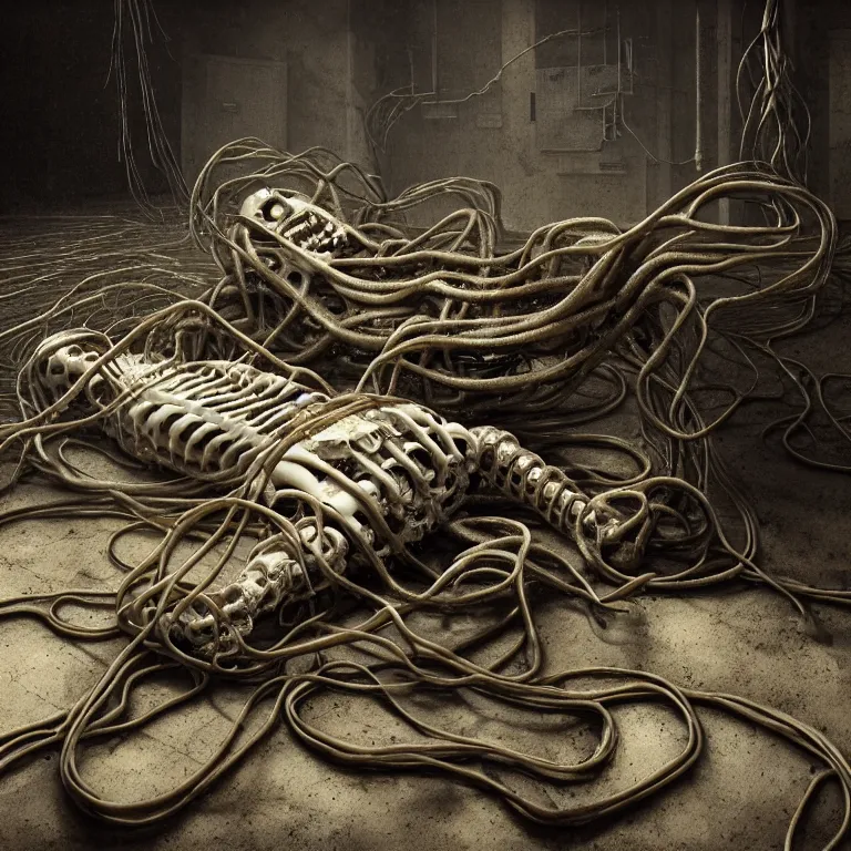 Prompt: still life of abandoned ribbed robot laying on a table, white human spine, covered with tentacles, roots, wires, tubes, baroque painting, standing in a desolate empty wasteland, creepy, nightmare, dream-like heavy atmosphere, surreal abandoned buildings, baroque painting, beautiful detailed intricate insanely detailed octane render trending on Artstation, 8K artistic photography, photorealistic, chiaroscuro, Raphael, Caravaggio, Beksinski, Giger