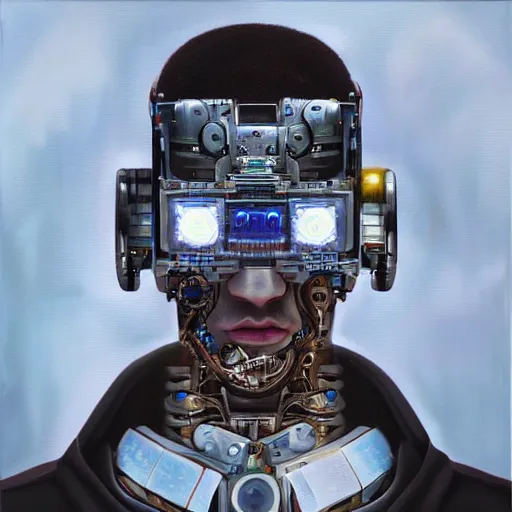 Prompt: a realistic oil painting of drake as a cybernetic cyborg, surrealism portrait, surrealism album cover