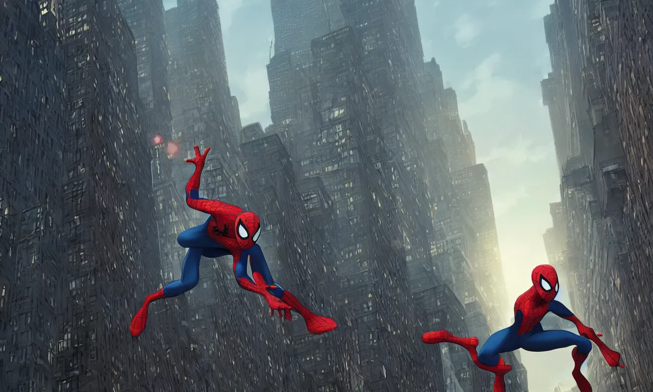 Prompt: spiderman in a wide city of new york, cinematic lighting, style by makoto shinkai