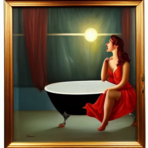 Prompt: realistic oil painting of young woman in a bathtub full of milk, smiling with her eyes closed as she washes herself, city lights from art deco window