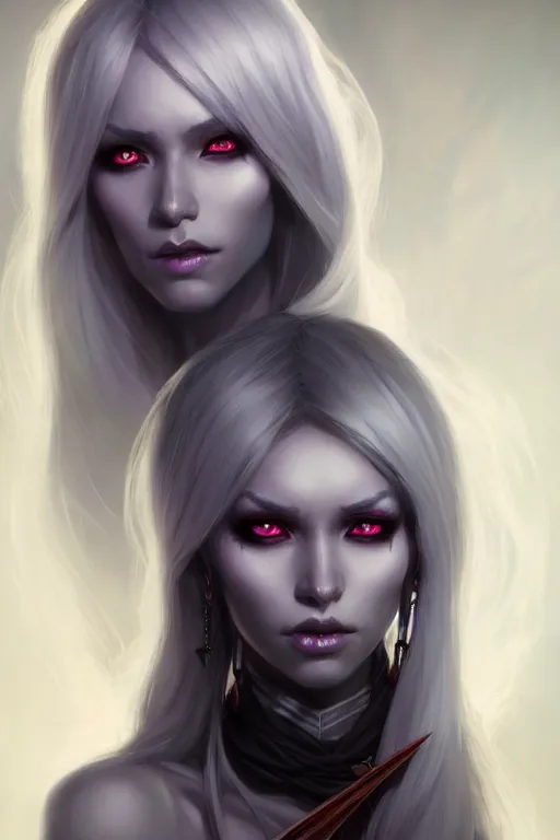 Image similar to realistic character concept portrait art of a female drow necromancer, scythe, pretty face, long dark hair, by stanley artgerm lau, wlop, rossdraws, james jean, andrei riabovitchev, marc simonetti, and sakimichan, tranding on artstation