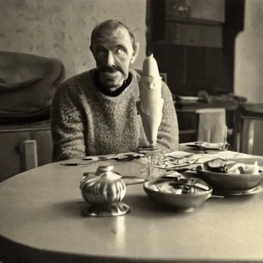 Prompt: an alien sits at a table on new year's eve in a soviet union apartment, top secret style, old photo