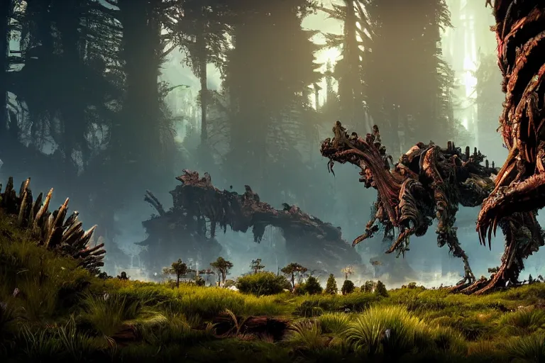 Image similar to wide epic shot from horizon forbidden west. a hyper detailed organic mechanic creatuve realistic similar look as horizon forbidden west horizon zero dawn, bioluminiscence in a dark deep forest at dawn in spring, with reflection and textures, by kilian eng, substance painter reaslitic mech surface metal painted scratches, world env from horizon forbidden west horizon zero dawn