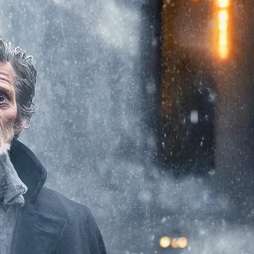 Image similar to willem dafoe as a rough dirty old man with a scruffy beard in a dark blue trenchcoat as the new doctor who, cinematic, volumetric lighting, f 8 aperture, cinematic eastman 5 3 8 4 film, photorealistic by greg rutkowski