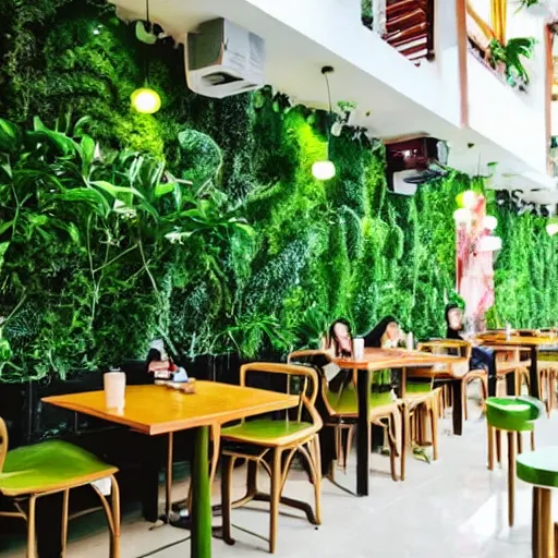 Image similar to a cafe in Vietnam, many green plants on walls and on tables, good atmosphere, relaxing, calming place, good design, people sitting down enjoying drinks