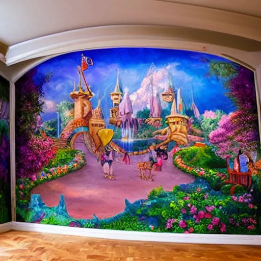 Prompt: a mural wall art design of a storybook fantasyland