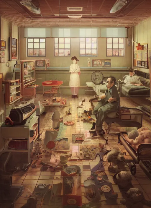 Image similar to highly detailed wide - angle portrait of a retro 1 9 6 0 s hospital, nicoletta ceccoli, mark ryden, lostfish, earl nore, hyung tae, frank frazetta, global illumination, god rays, detailed and intricate environment