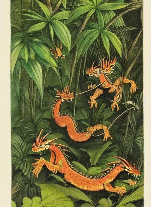 Image similar to dragons in a tropical forest, john james audubon, vintage botanical, intaglio