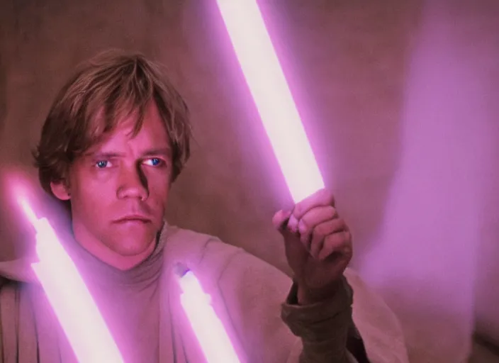 Image similar to screenshot of Luke skywalker uncovering the glowing ancient jedi texts. a pink hazy ethereal ancient Jedi cathedral, screenshot from the 1970s thriller directed by stanley kubrick, Photographed with Leica Summilux-M 24 mm lens, ISO 100, f/8, Portra 400, kodak film, anamorphic lenses