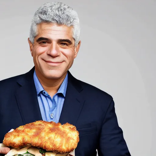 Image similar to award winning studio portrait of yair lapid holding a schnitzel in the shape of the state of israel