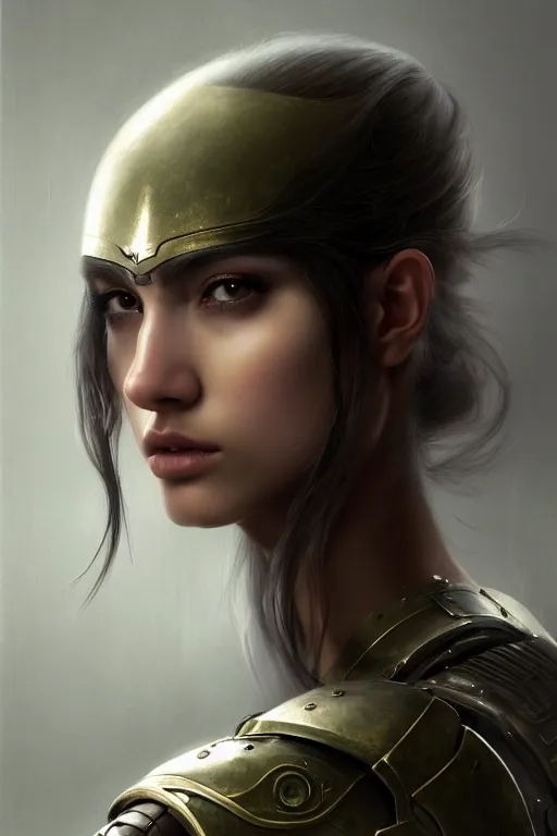 Prompt: a photorealistic character portrait of an attractive young girl, partially clothed in metal-plated battle armor, olive skin, long dark hair, beautiful bone structure, symmetrical face, perfect eyes, intricate, elegant, digital painting, concept art, illustration, sharp focus, minimal artifacts, volumetric lighting, from Metal Gear, in the style of Ruan Jia and Mandy Jurgens and Greg Rutkowski, trending on Artstation, award winning