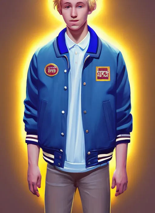 Image similar to portrait of a high school senior boy named moose mason, blonde short hair, jock, beefy, square jaw, square facial structure, 1 9 5 0 s, blue varsity jacket, intricate, elegant, glowing lights, highly detailed, digital painting, artstation, concept art, smooth, sharp focus, illustration, art by wlop, mars ravelo and greg rutkowski