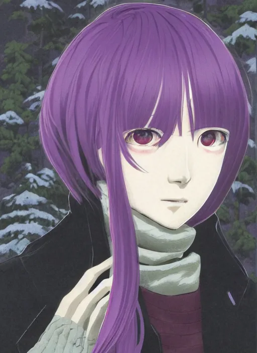 Image similar to illustration by shigenori soejima, by tatsuki fujimoto, by yoji shinakawa, tired girl, middle - parted long straight light purple hair, grey turtleneck coat, forest background, focus on face, pretty, moody lighting, painterly