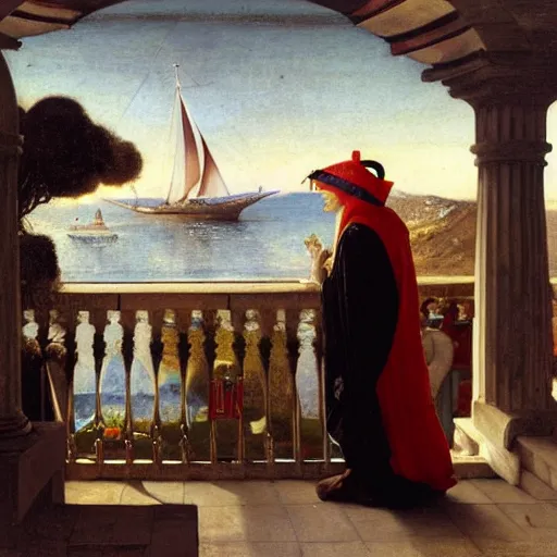 Image similar to A snake with jester hat and clothes on a greek circle archi on the front of a Balustrade with a beach and a sail boat on the background, major arcana cards, by paul delaroche and arnold böcklin hyperrealistic 8k, very detailed