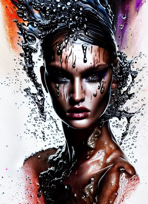 Prompt: fierce wet fashion model, splash, sweat skin, liquid metal dna, effervescent, black roses, poster art, high detail, intricate oil painting and washed watercolor, deep mood, hyperrealism, 3 d, in the style of irakli nadar,