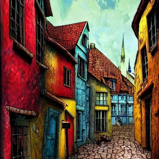 Prompt: a beautiful painting of a brightly colored medieval street with crooked buildings, painted by alexander jansson, artstation