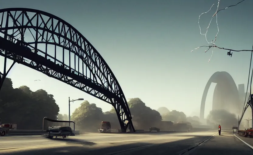 Image similar to explosions in the form of realistic cotton plants cover harbour bridge, smooth, sharp focus, highly detailed, 3 d octane render, epic lighting, dark atmosphere, lots of cotton plants, rusty cars, 8 k, by goro fujita