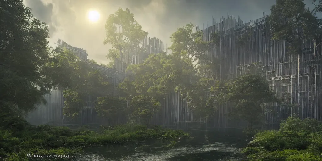 Image similar to an extremely detailed cathedral of brutalist architecture, surrounded by lush green forest, ponds of water, stunning volumetric lighting, sunset, rusted metal, solid concrete, stunning skies, trending on Artstation, 8k, photorealistic, hyper detailed, unreal engine 5, IMAX quality, cinematic, epic lighting, in the style of Greg Rutkowski