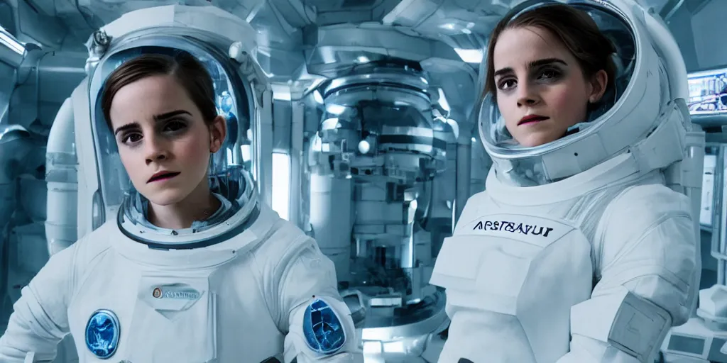 Prompt: astrounaut emma watson in the forground, in the background one thousand aligned cryogenic pods, spaceship interior, symmetrical, sci-fi, cryogenic pods, many cryogenic pods, interior, 4k, wide shot, ridley scott in the style of Michael Pangrazio, Dylan Cole, David Luong, Milan Schere, Max Dennison, Jaime Jasso.