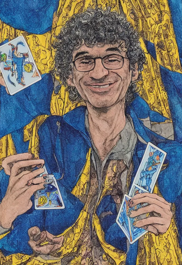 Image similar to Yoshua Bengio smiling on the Tarot card. Illustration.