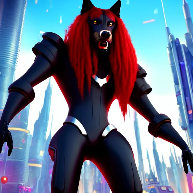 Prompt: portrait of a anthropomorphic black male wolf with red long red hair wearing futuristic clothes in a futuristic city, hyper detailed, digital art, trending in artstation, cinematic lighting, studio quality, smooth render, unreal engine 5 rendered, octane rendered, art style by pixar dreamworks warner bros disney riot games and overwatch.