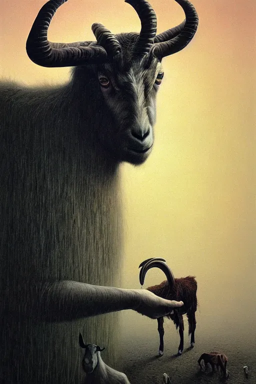 Image similar to painting of hybrid between human andy milonakis and a goat, by zdzislaw beksinski, by tiffany bozic, cold hue's, warm tone gradient background, concept art, beautiful composition, digital painting