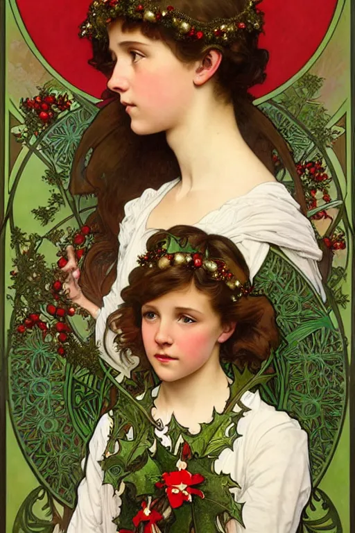 Image similar to realistic art nouveau style detailed portrait of 1 4 - year - old millie bobby brown wearing a holly wreath as a crown at christmas by alphonse mucha, william adolphe bouguereau, and donato giancola art nouveau style, red and green christmas colors