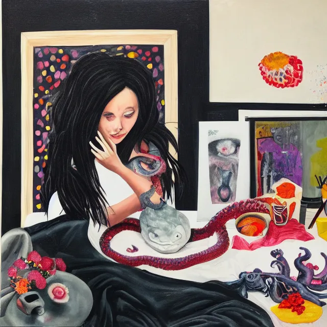 Image similar to a portrait in a female artist's bedroom, black walls, emo girl eating pancakes, sheet music on fire, berries, surgical supplies, handmade pottery, flowers, sensual, octopus, neo - expressionism, surrealism, acrylic and spray paint and oilstick on canvas