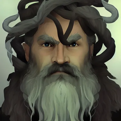 Prompt: middle aged bearded male druid gray face pointy ears with vines as hair artstation