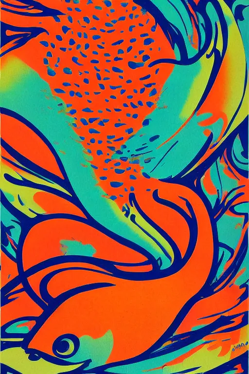 Image similar to goldfish, screen print poster, 1968 psychedelic, san francisco, hippie style