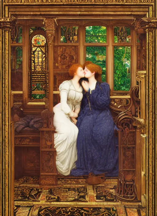 Prompt: masterpiece of intricately detailed preraphaelite photography couple portrait of william moris and judy garland sat down, love, inside a beautiful underwater train to atlantis, man with long hair big beard glasses, woman with large lips big eyes straight fringe, colourful unusual clothes yellow ochre, by ford madox brown william powell frith frederic leighton john william waterhouse hildebrandt william morris