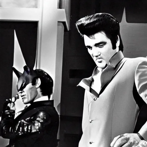 Image similar to elvis guest starring on the batman television series ( 1 9 6 6 ), 3 5 mm production still,