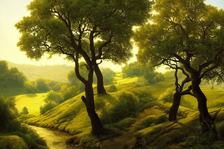 Image similar to masterpiece painting of oak trees on a hillside overlooking a creek, dramatic lighting, by james c. christensen