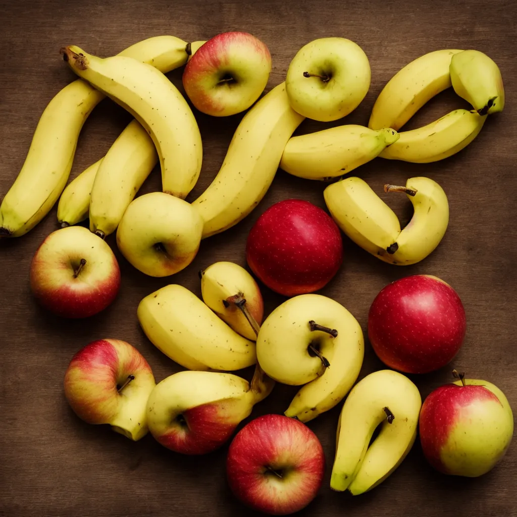 Prompt: 3 apples and 2 bananas, photo