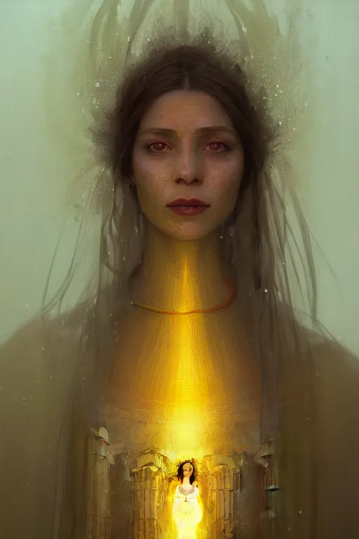 Image similar to high detail portrait of a possessed woman wearing an ancient greek tunic made of yellow paper, stephen bliss, fantasy art by greg rutkowski, rhads, ferdinand knab, makoto shinkai and lois van baarle, ilya kuvshinov, rossdraws, tom bagshaw, global illumination, radiant light, ancient greek temple ruins, green blue color theme