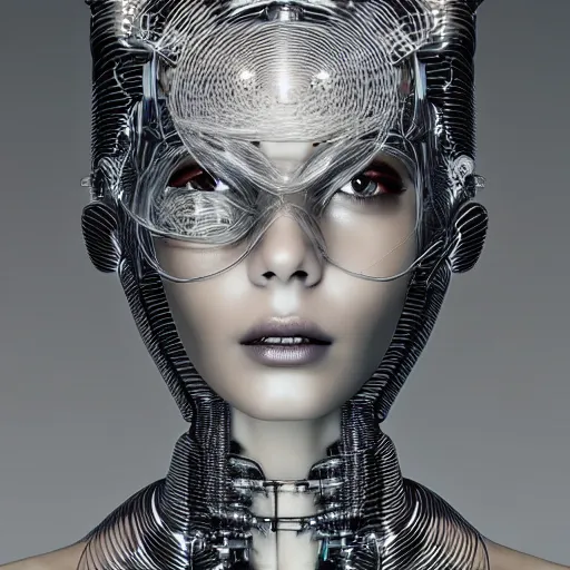 Image similar to closeup portrait of an absurdly beautiful, graceful, sophisticated, fashionable cyberpunk mechanoid gravure idol, an ultrafine hyperdetailed illustration by irakli nadar, matt wisniewski style, fashion photography, intricate linework, porcelain skin, jellyfish headdress, unreal engine 5 highly rendered, global illumination, radiant light, detailed and intricate environment