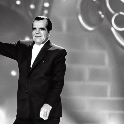 Prompt: Richard Nixon in 70s disco fashion dancing in the show Soul Train 1971