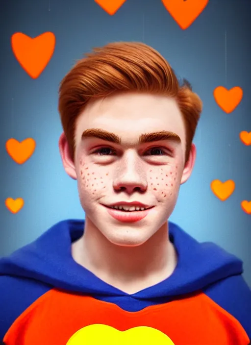 Image similar to friendly teenage archie andrews wearing an orange superhero costume with heart logo, heart, freckles, blue cape, heart emblem on chest, blue cape, intricate, elegant, glowing lights, highly detailed, digital painting, artstation, sharp focus, illustration, art by wlop, mars ravelo and greg rutkowski