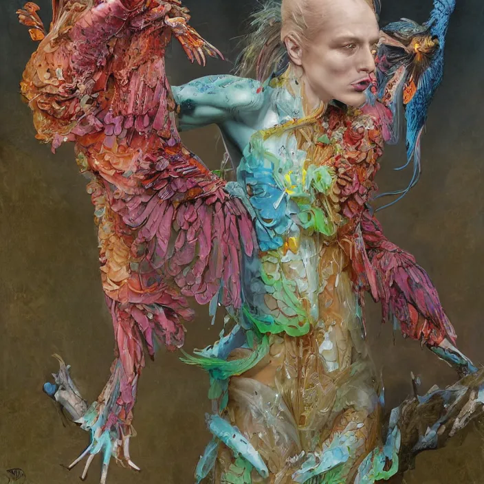 Prompt: a fashion editorial of sadie sinkas a brightly colored eagle amphibian hybrid with wet translucent mutated skin. wearing a mutated organic dress. by tom bagshaw, donato giancola, hans holbein, walton ford, gaston bussiere, peter mohrbacher, brian froud and iris van herpen. 8 k, cgsociety