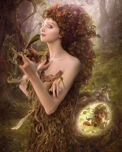 Image similar to dryad musician inspired by brian froud, portrait, accompanied by a cute feathered mouse, studio lighting by jessica rossier and brian froud and gaston bussiere