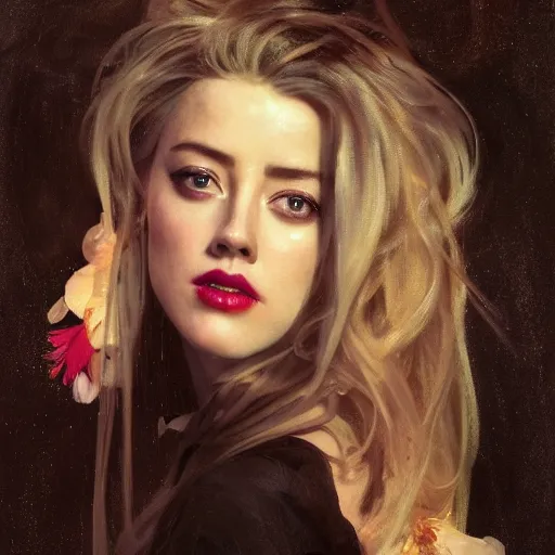 Prompt: hyperrealistic portrait of a woman as amber heard as a vampire witch tears makeup bun in a black flower coat turned back reflection in a window portrait cracks with falling petals. by jeremy mann and alphonse mucha, fantasy art, photo realistic, dynamic lighting, artstation, poster, volumetric lighting, very detailed faces, 4 k, award winning