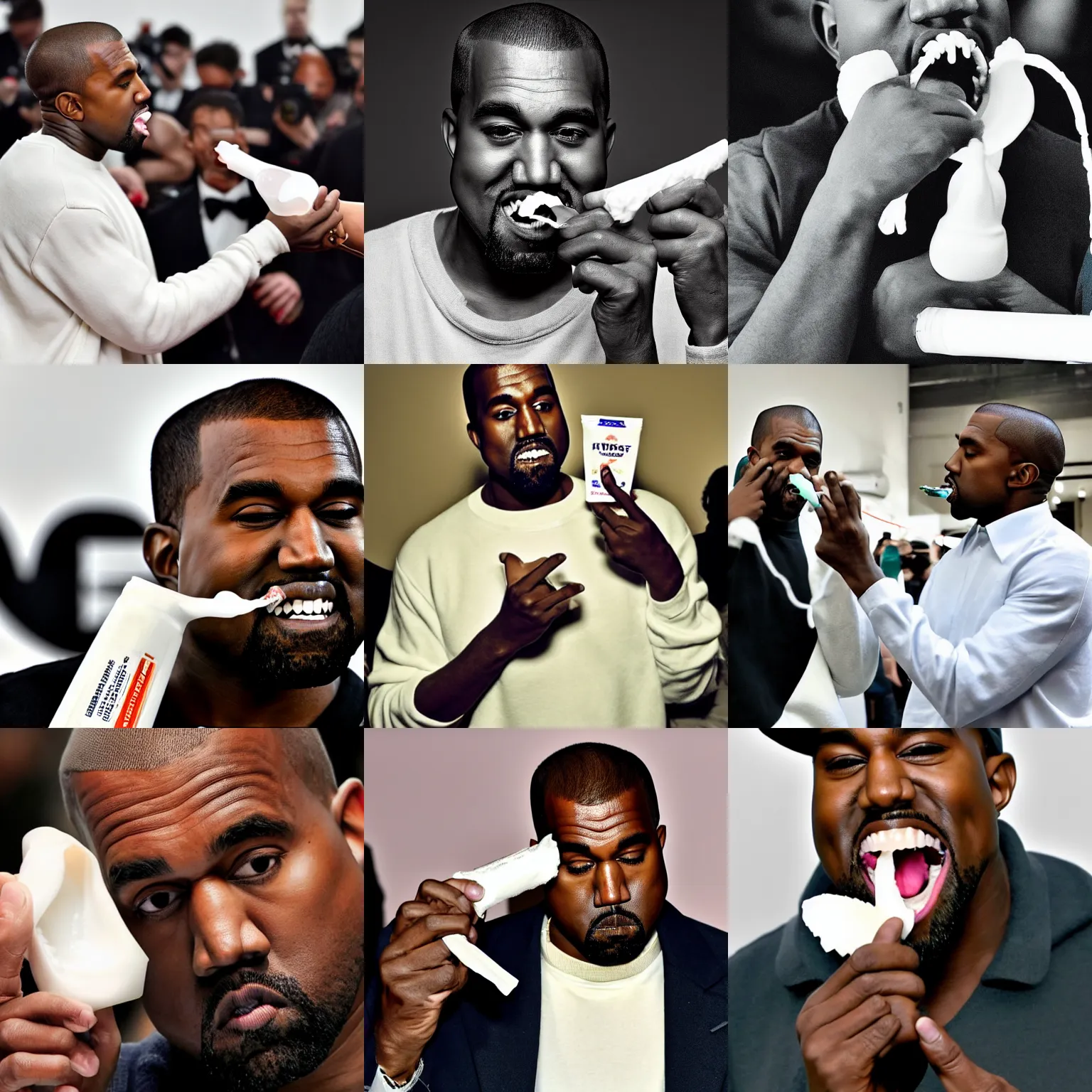 Image similar to kanye west squeezing a tube of toothpaste into his mouth