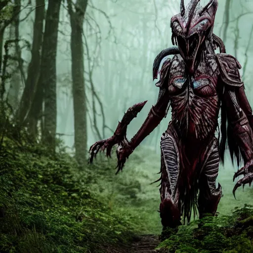 Image similar to High fantasy Yautja in dragon inspired armor in the forests plains of north yorkshire, Predator creature, alien hunter, 4k, Dragon skull biomask,