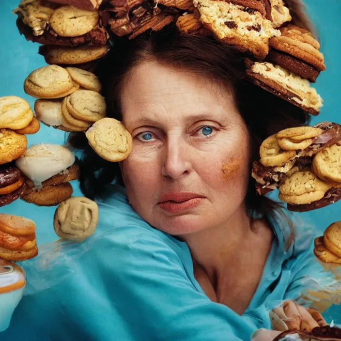 Prompt: closeup portrait of a woman drowning in cakes and cookies, by Annie Leibovitz and Steve McCurry, natural light, detailed face, CANON Eos C300, ƒ1.8, 35mm, 8K, medium-format print