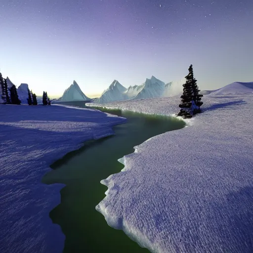 Image similar to A frozen tundra, with jagged mountains and icy rivers, where the only warmth is the aurora borealis, rendered in Unreal Engine.