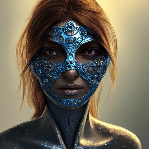 Prompt: female android, face masked with filigree, elegant, intricate, highly detailed, filigree, steel, phthalo blue, trending on artstation, smooth, digital painting, sharp focus