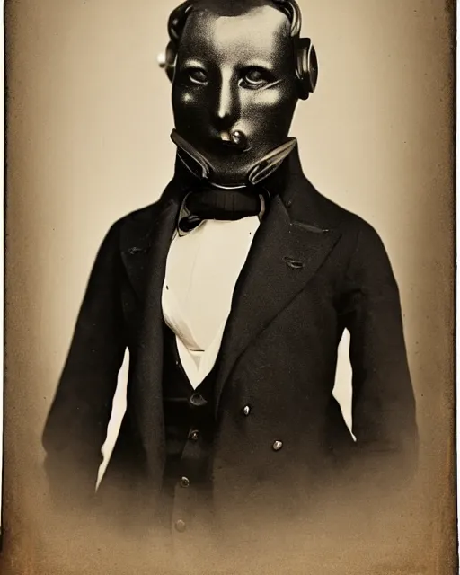 Image similar to portraits of anthropomorphic cyborg robot in Black tie suit by Louis Daguerre